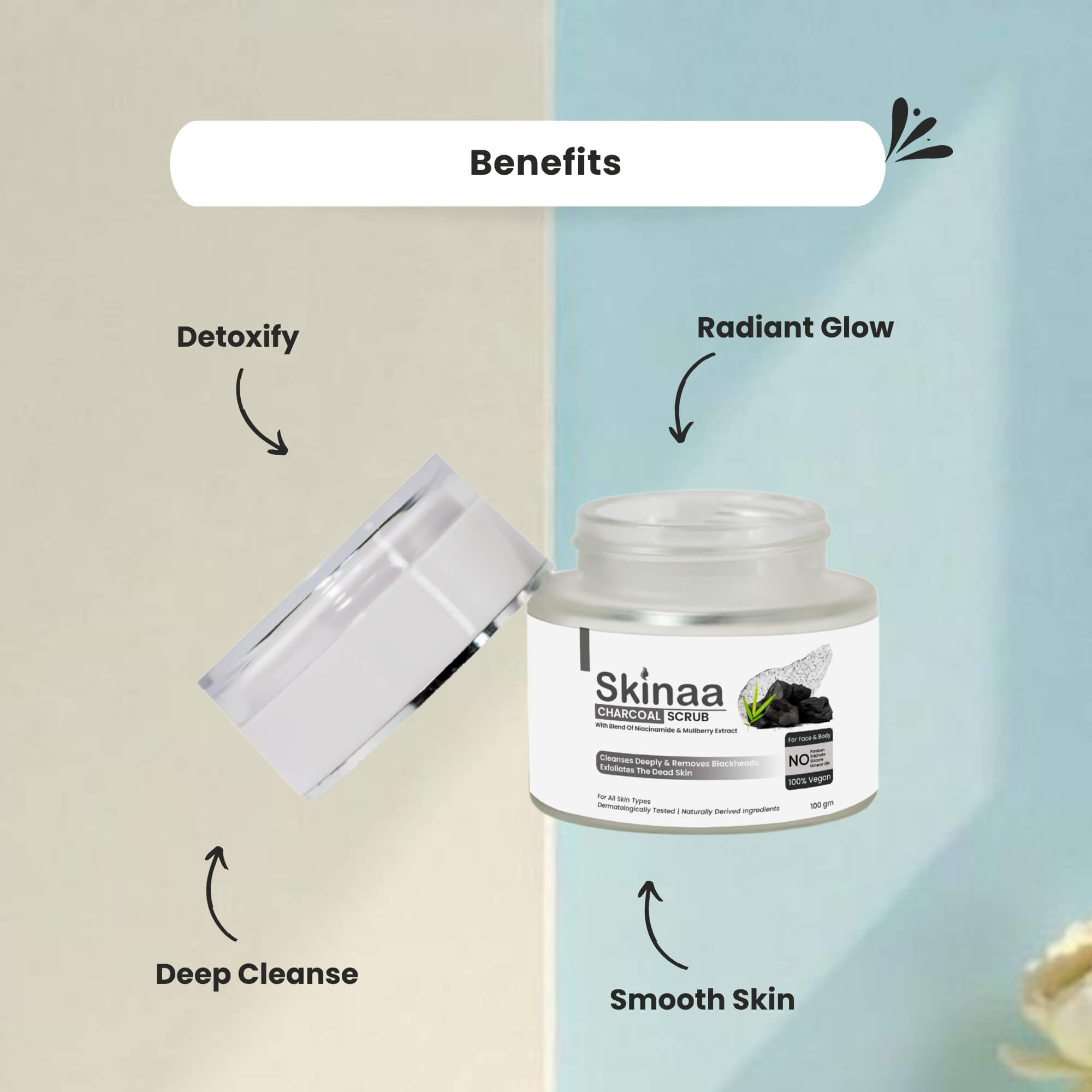 Benefits of Skinaa Charcoal Scrub – detoxifies skin, provides radiant glow, deeply cleanses impurities, and leaves skin smooth and refreshed. Product jar with open lid shown.